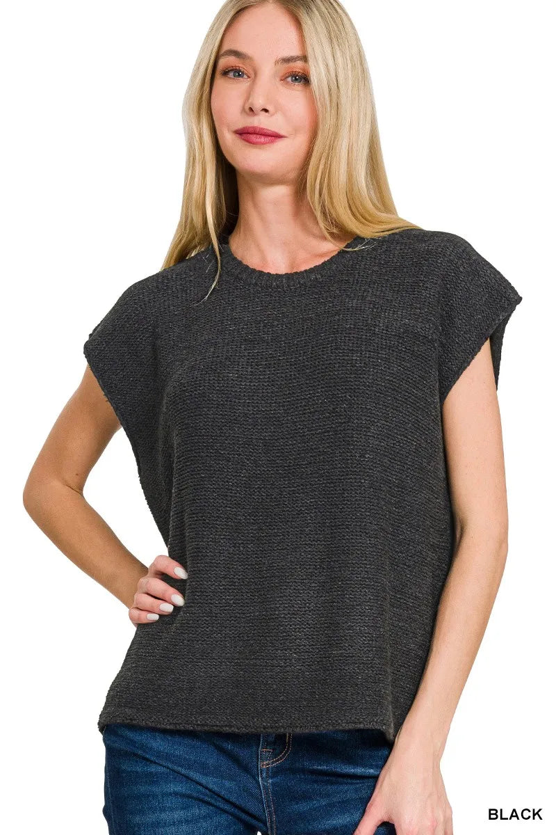 Zenana Oversized Crew Neck Sweater Vest BLACK Trendsi
