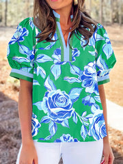 Floral Print Puff Short Sleeve Blouse Green OutfitFlow