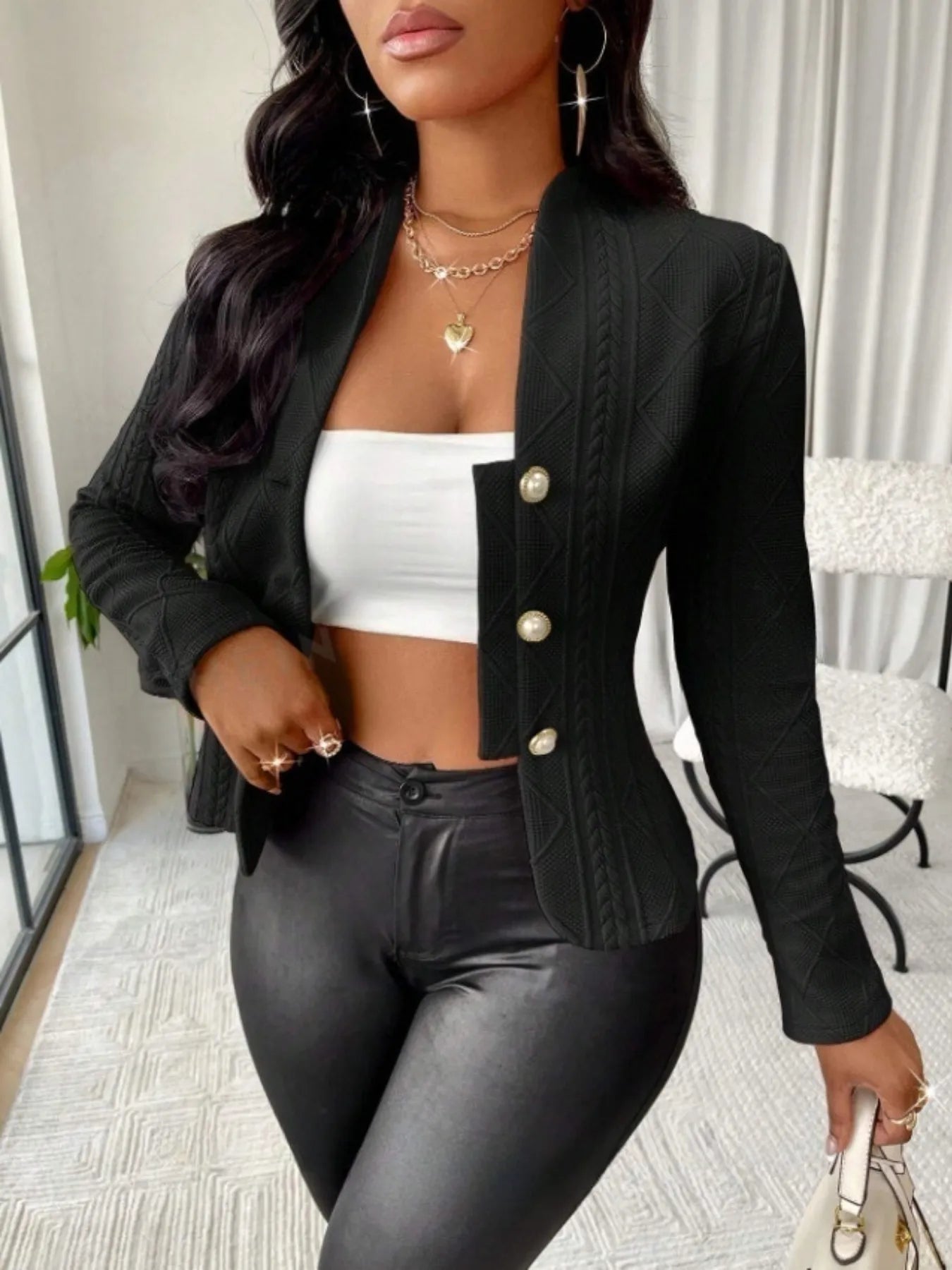Textured Button Up Long Sleeve Jacket OutfitFlow