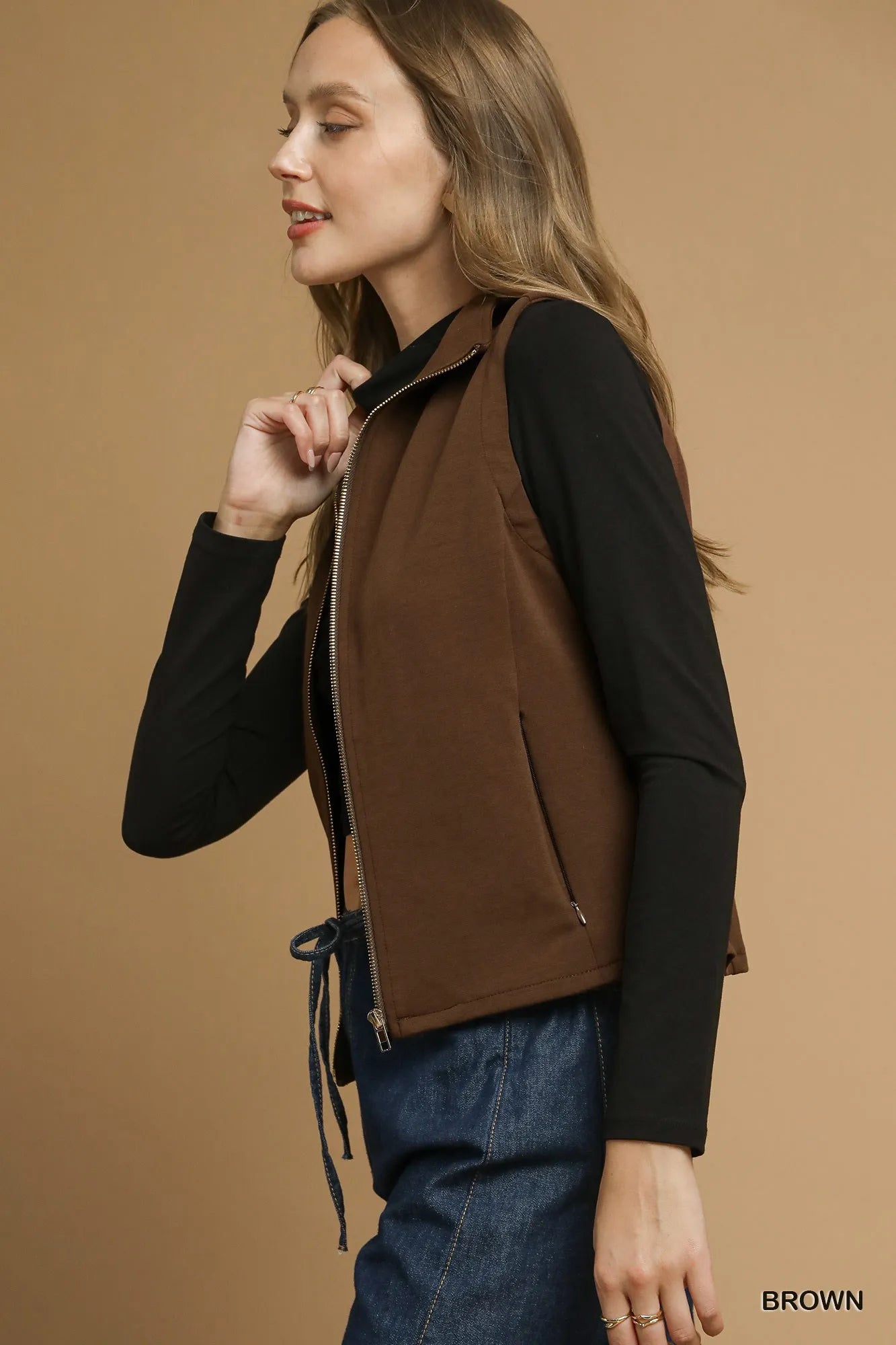 Umgee Zip-Front Fitted Vest with Pockets Trendsi