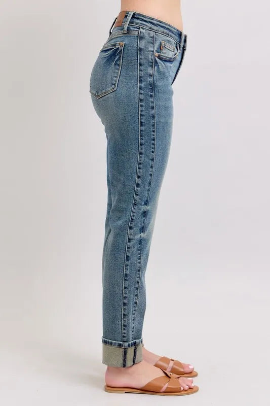 Judy Blue Full Size Mid Rise Vintage Wash Double Roll Cuff Boyfriend Jeans Plus Size OutfitFlow