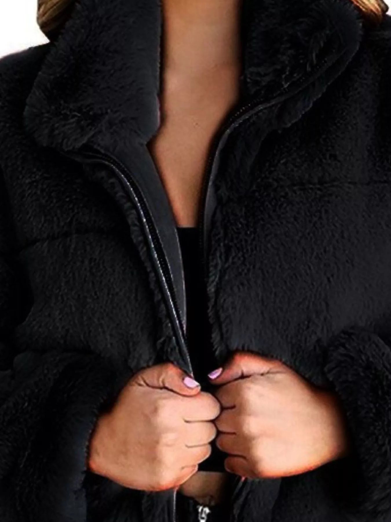 Full Size Faux Fur Cropped Zip-Up Jacket Plus Size Trendsi