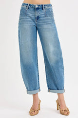 RISEN Full Size Mid Rise Fit Barrel Roll Up Jeans Plus Size OutfitFlow