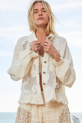 POL Eyelet Flower Pearl Detail Lace Patchwork Shirt