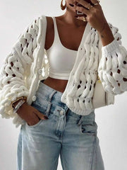 Openwork Button Up V-Neck Cardigan OutfitFlow