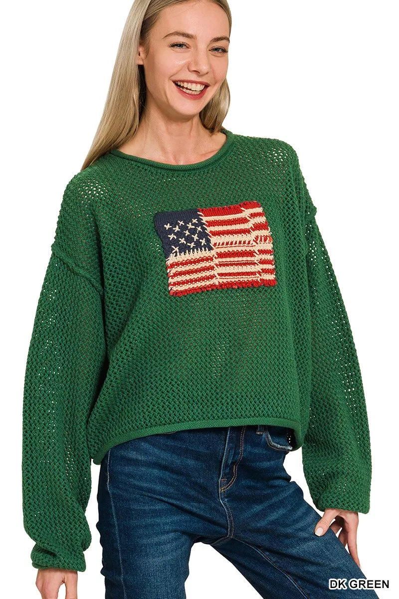 Zenana Zenana American Flag Crew Neck Sweater DK GREEN OutfitFlow