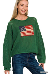Zenana Zenana American Flag Crew Neck Sweater DK GREEN OutfitFlow