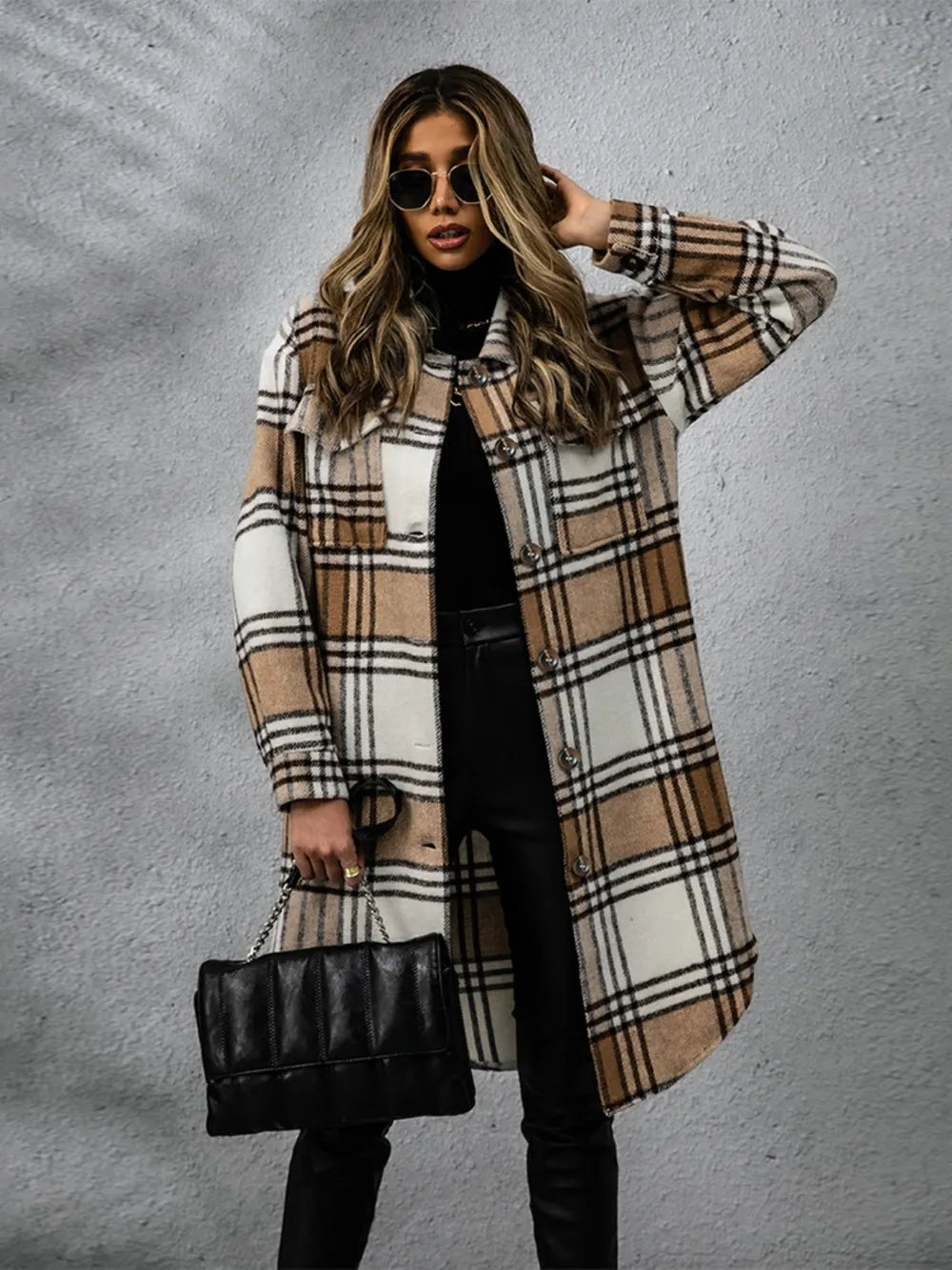 Plaid Collared Neck Long Sleeve Coat OutfitFlow