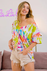 BiBi Tie Dye Print Jersey Stitched V Neck Top OutfitFlow