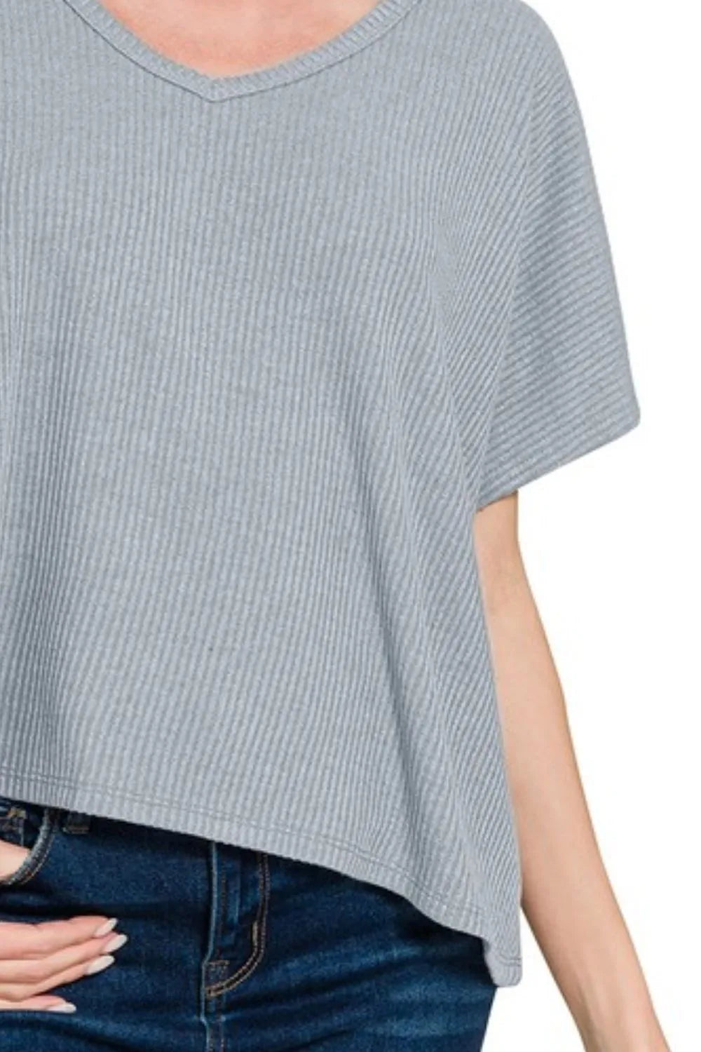 Zenana Ribbed V-Neck Short-Sleeve Knit Top OutfitFlow
