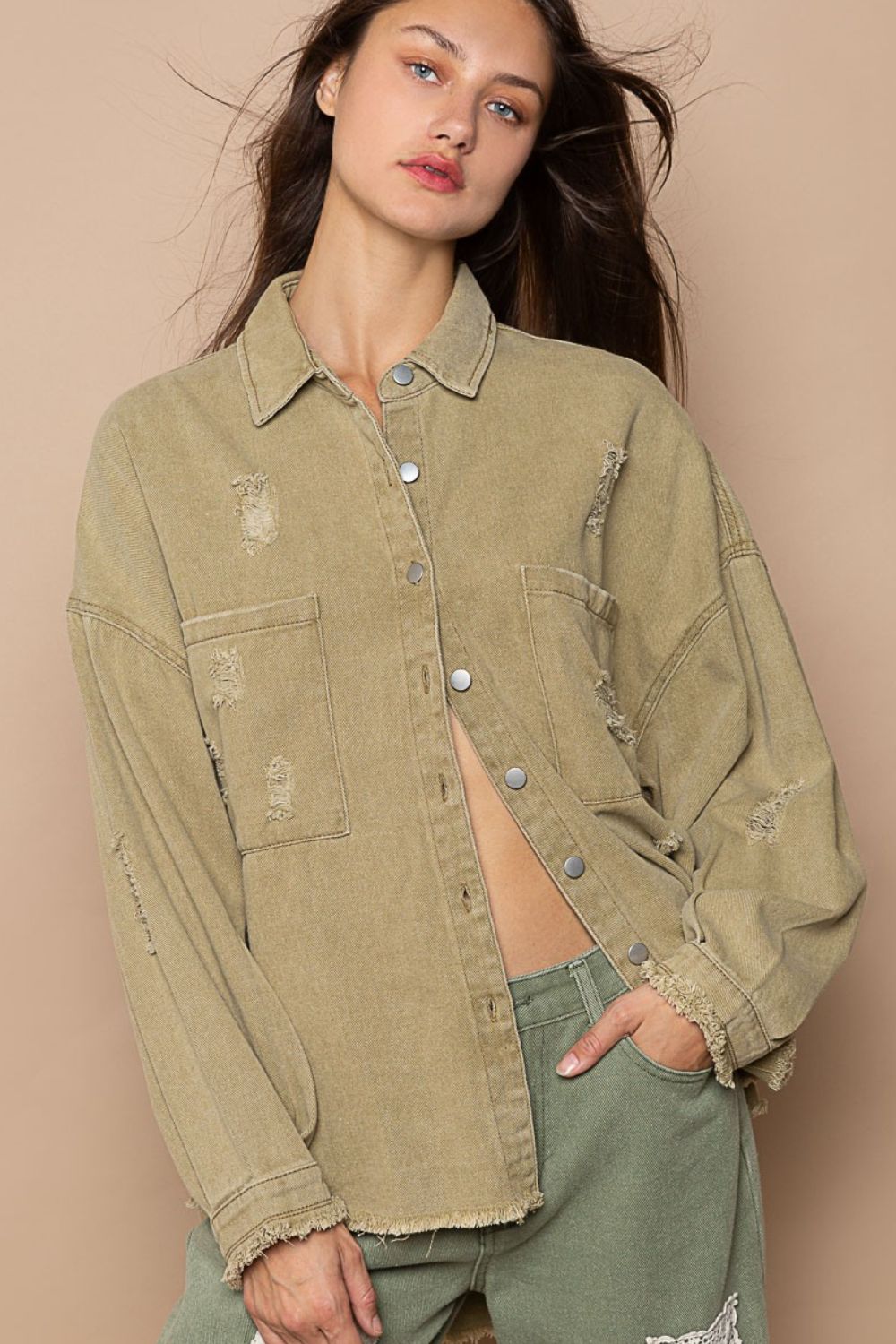 POL Button Down Raw Hem Distressed Jacket