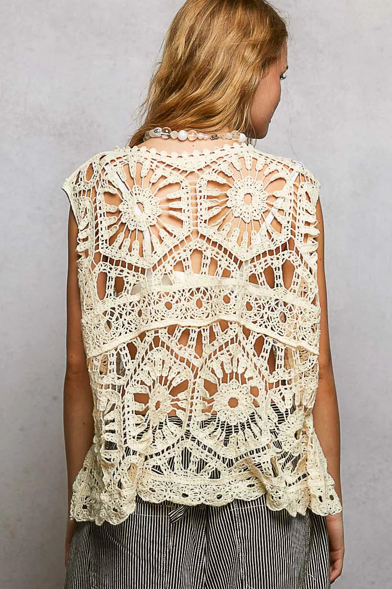 POL Openwork Round Neck Floral Crochet Tank Trendsi
