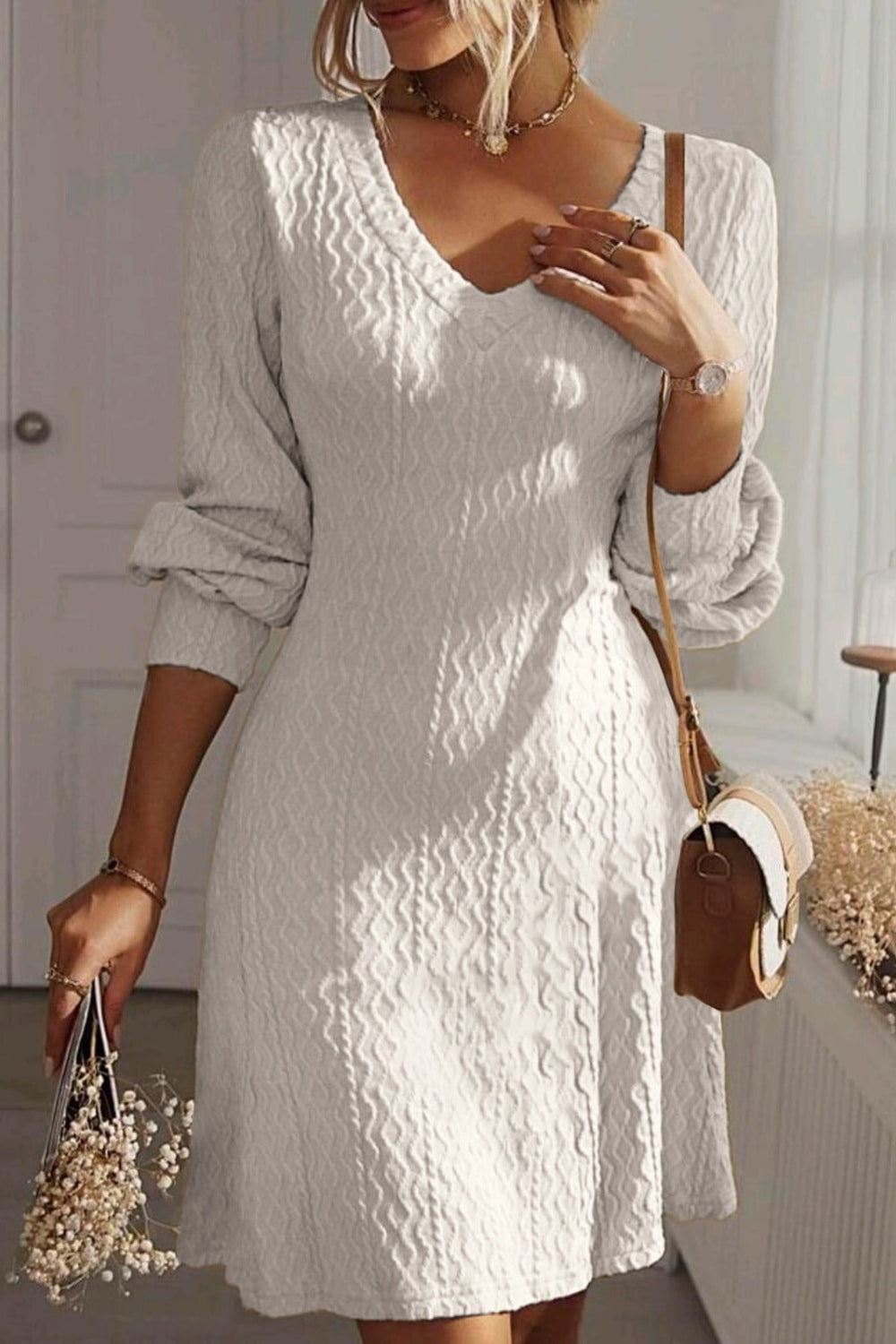 Outfit Flow - Texture V-Neck Long Sleeve Dress