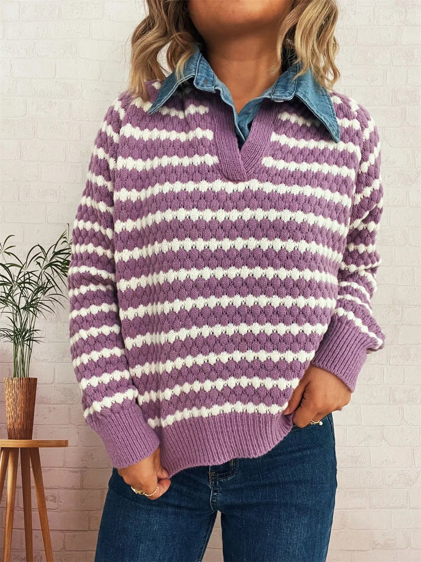 Contrast Striped Sweater with Denim Collar OutfitFlow