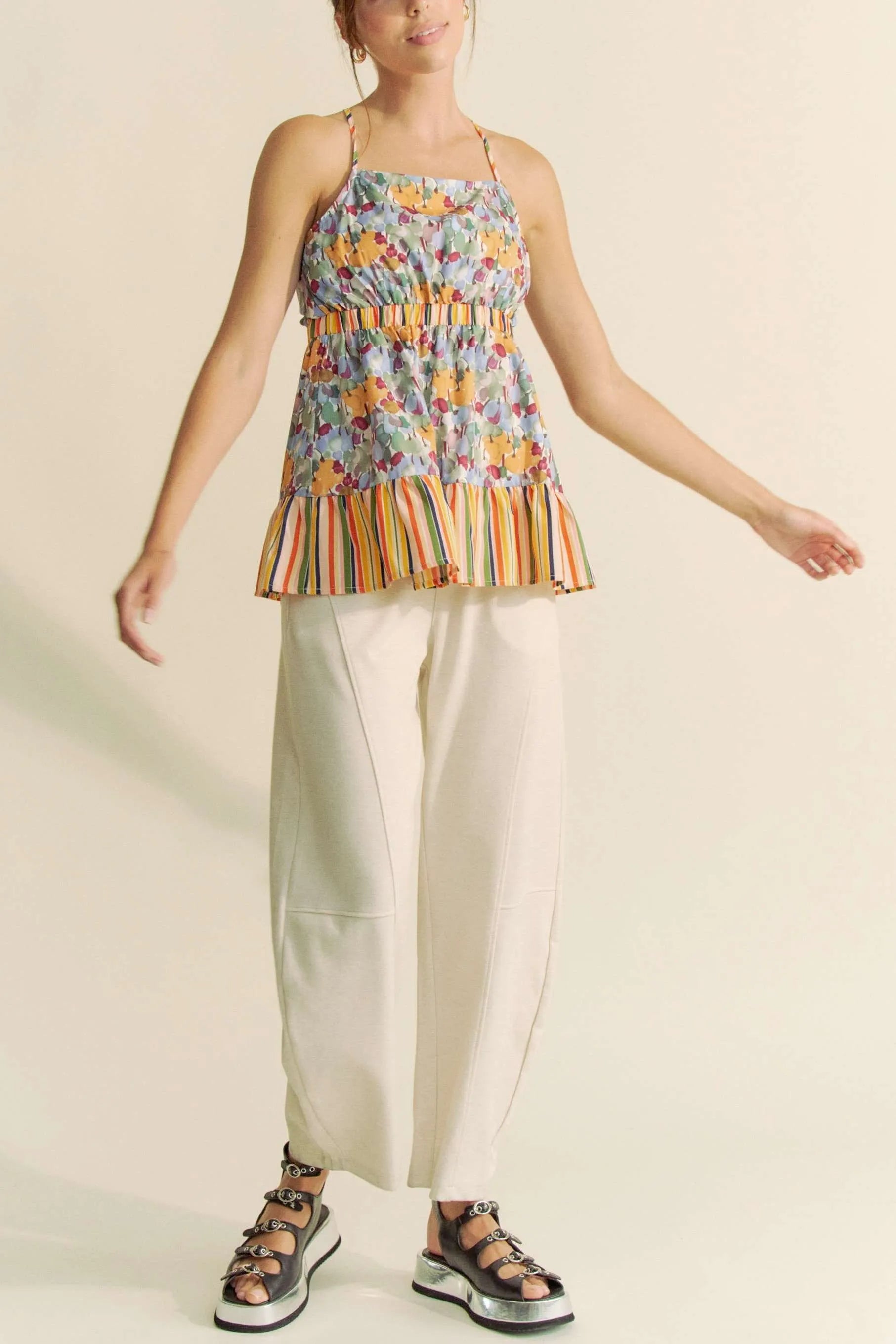 Davi & Dani Floral Smocked Sleeveless Ruffle Back Tie Top OutfitFlow
