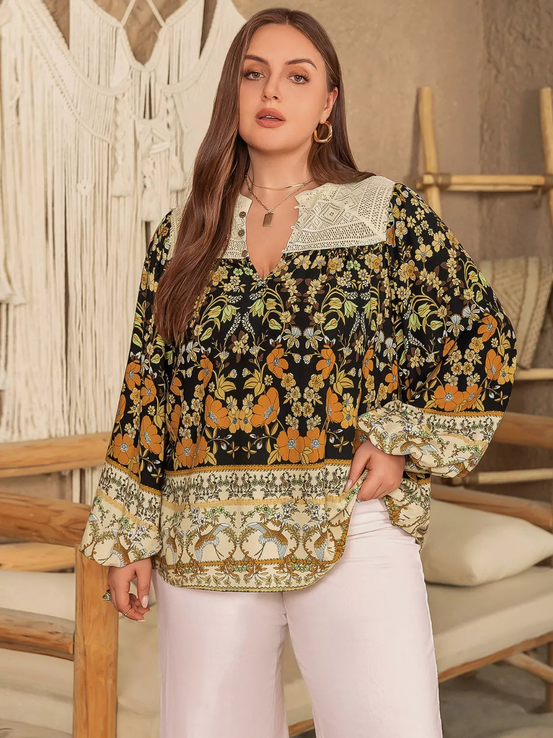 Plus Size Floral Print Notched Blouse Black Trendsi