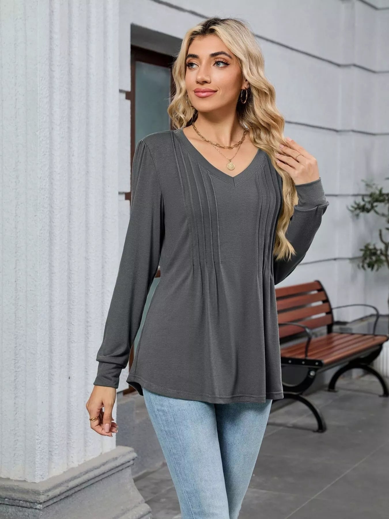 V-Neck Long Sleeve Relaxed Fit T-Shirt OutfitFlow