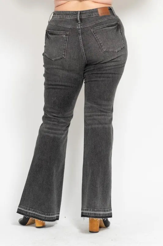 Judy Blue Full Size Mid Rise Tummy Control Washed Gray Release Hem Flare Jeans Plus Size OutfitFlow