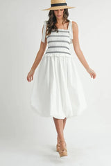 MABLE Smocked Bodice Bubble Midi Dress OutfitFlow