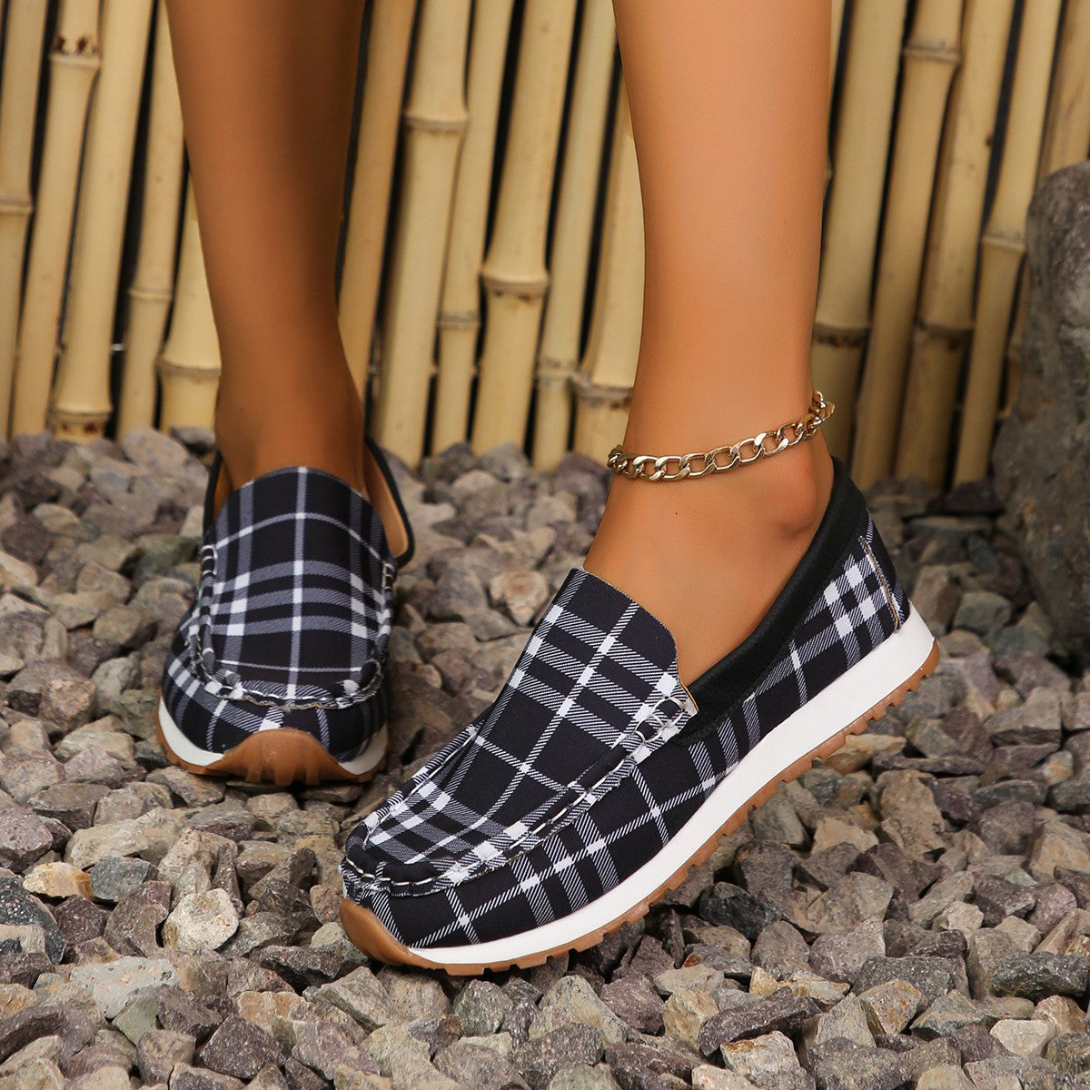 Plaid Round Toe Slip-Ons