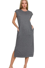 Zenana French Terry Sleeveless Round Neck Midi Dress BLACK OutfitFlow