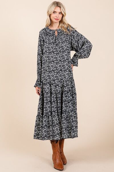 Mittoshop Printed Tie Neck Flounce Sleeve Midi Dress OutfitFlow