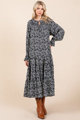 Mittoshop Printed Tie Neck Flounce Sleeve Midi Dress OutfitFlow