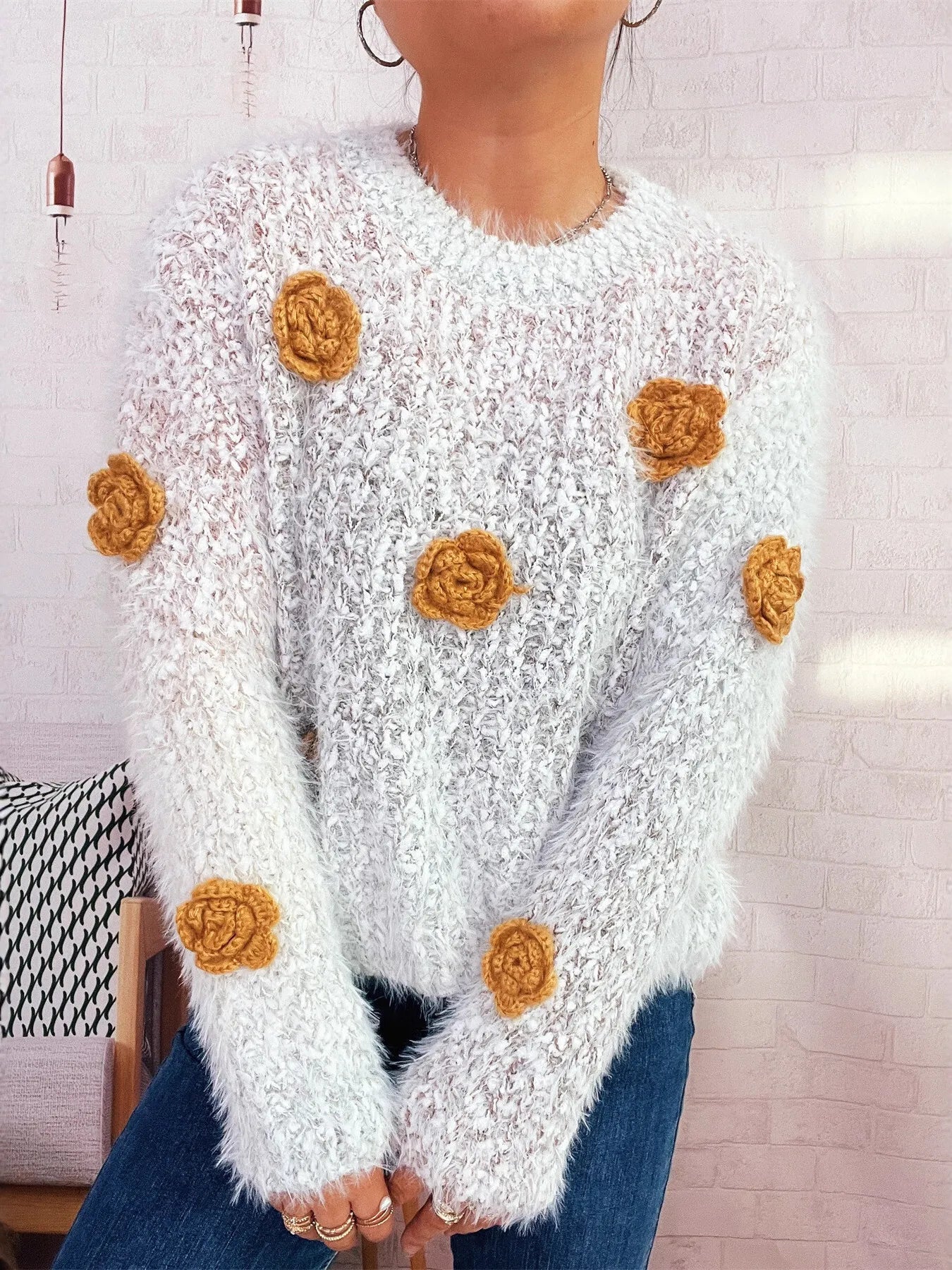 Flower Embellished Round Neck Sweater OutfitFlow