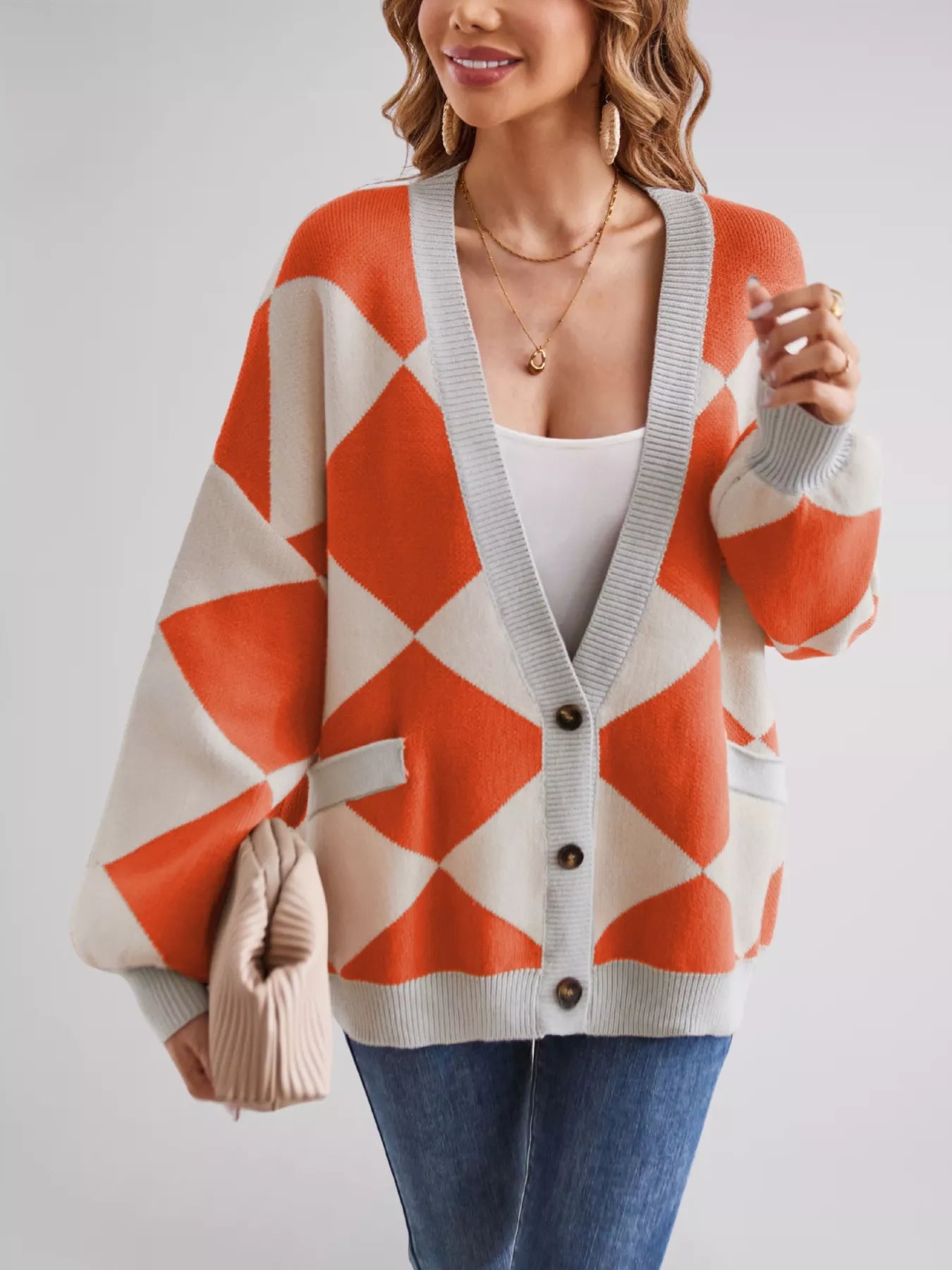 Diamond Pattern Button-Up Knit Cardigan OutfitFlow