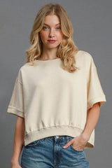 Umgee Full Size Lightweight Cropped Sweatshirt Plus Size ECRU OutfitFlow
