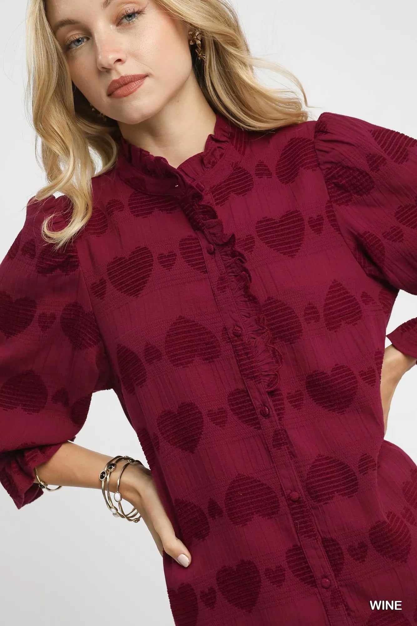 Umgee Heart Jacquard Ruffle Trim Shirt OutfitFlow