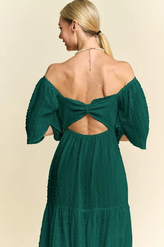 Davi & Dani Swiss Dotted Ruched Ruffle Open Back Midi Dress OutfitFlow