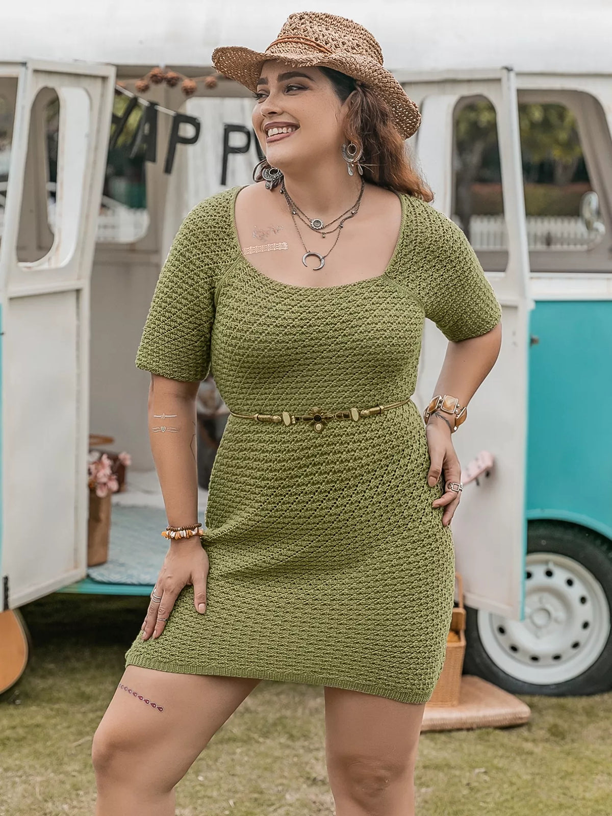 Plus Size Textured Knit Mini Dress Matcha Green OutfitFlow