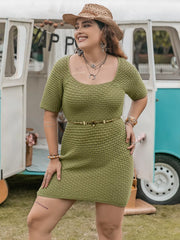 Plus Size Textured Knit Mini Dress Matcha Green OutfitFlow