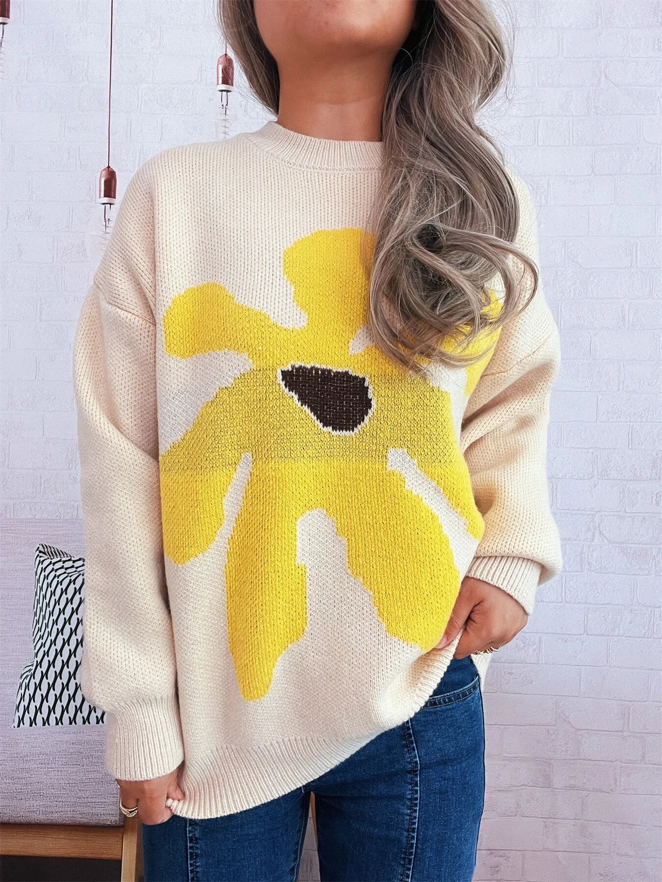 Flower Dropped Shoulder Sweater Apricot One Size Trendsi