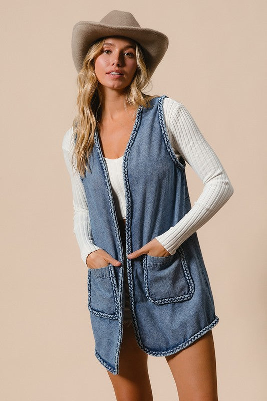 Outfit Flow - BiBi Braided Trim Open Front Denim Vest with Pockets