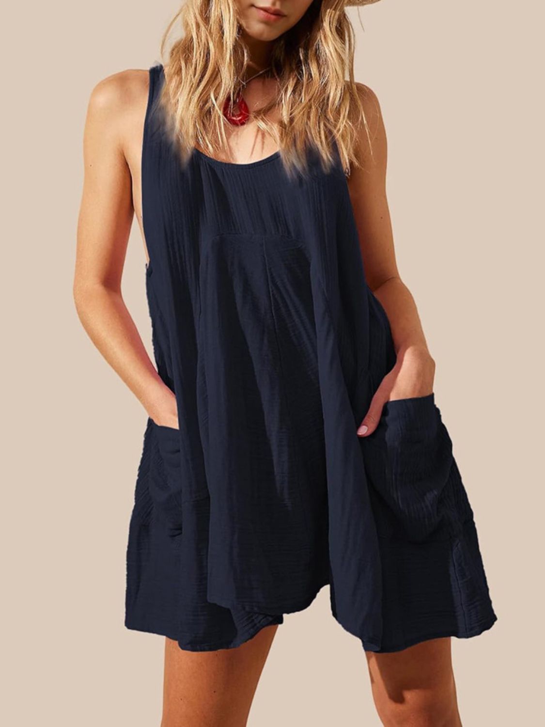 Devine Tied Scoop Neck Wide Strap Mini Dress Navy OutfitFlow