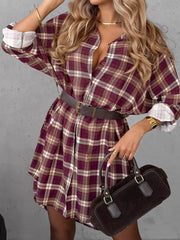 Plus Size Plaid Long Sleeve Mini Shirt Dress OutfitFlow