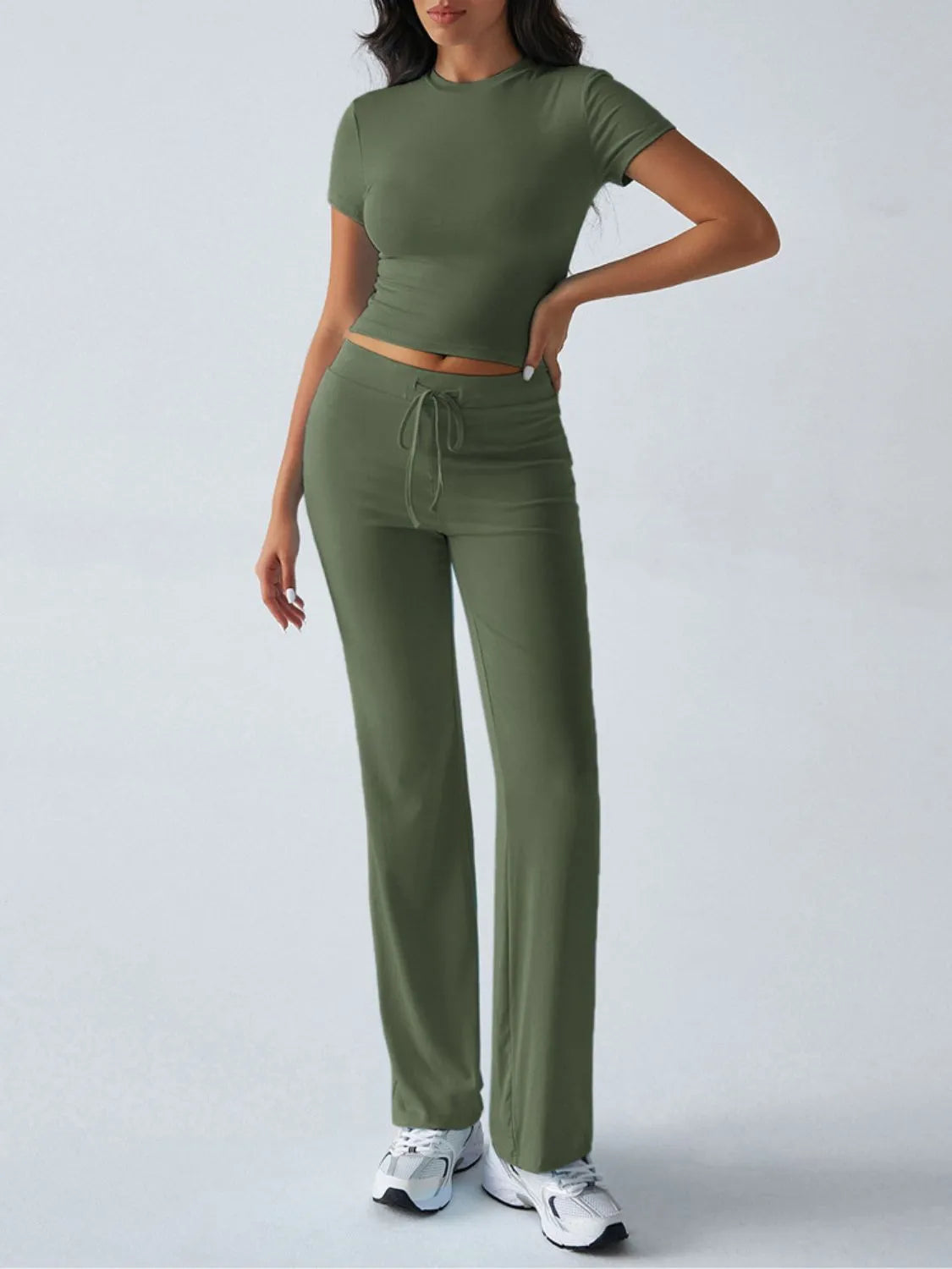Round Neck Short Sleeve Top and Pants Set OutfitFlow