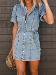 Button-Up Puff Sleeve Denim Shirt Dress OutfitFlow