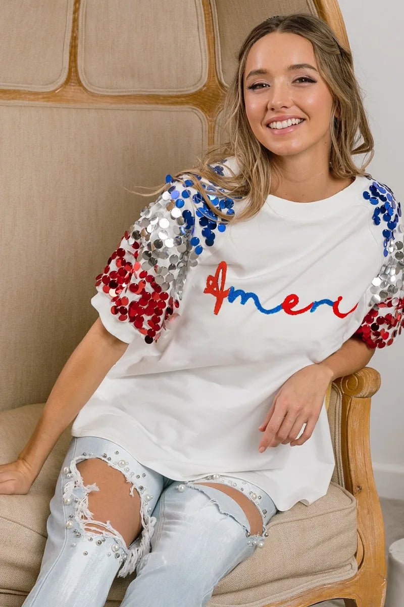 BiBi America Letter Applique Spangle Puff Sleeves Top OutfitFlow