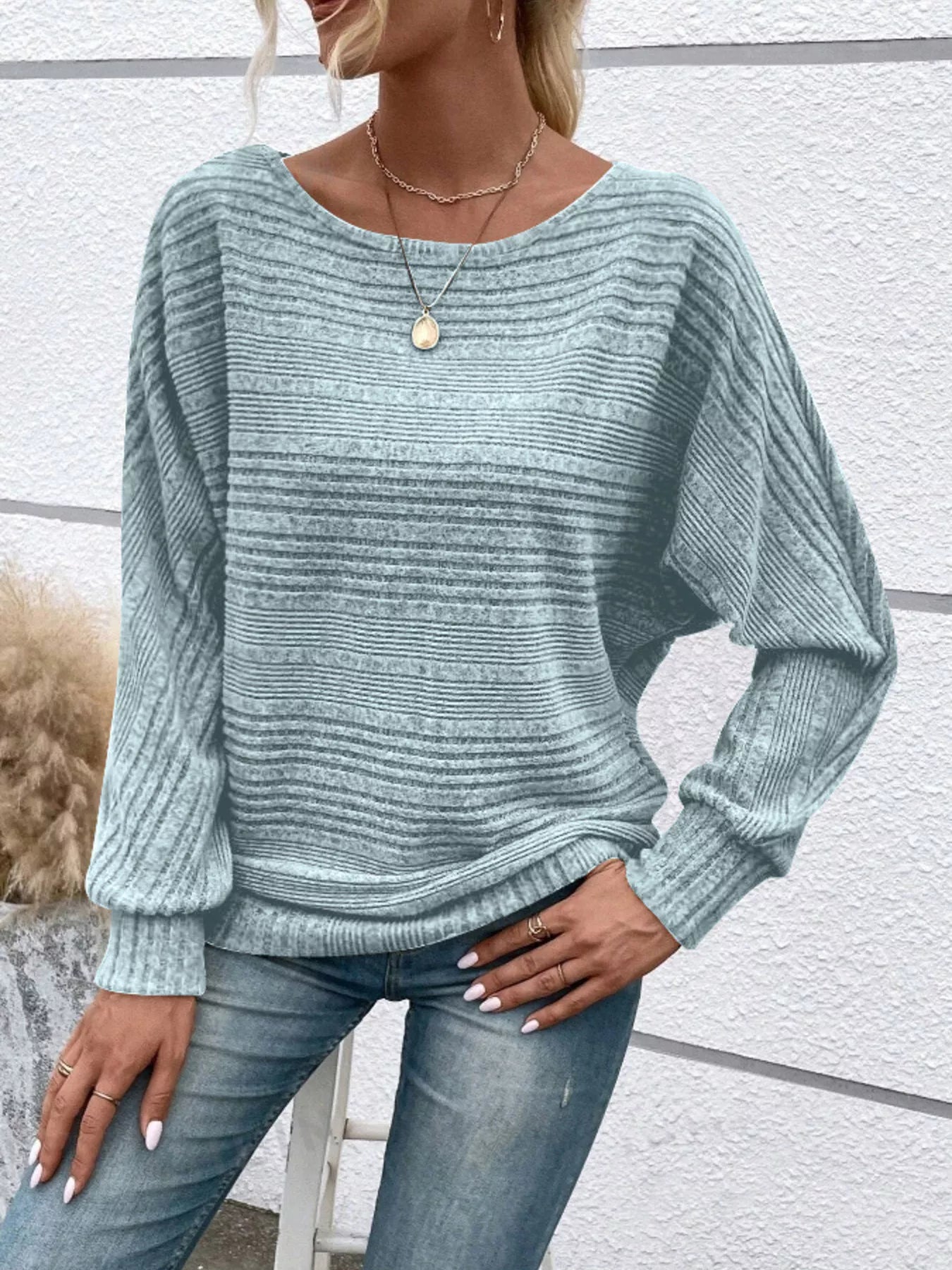 Ribbed Round Neck Long Sleeve Top OutfitFlow