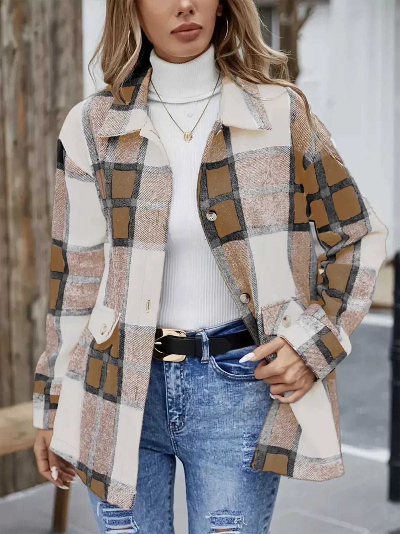Plaid Button-Up Long Sleeve Shacket Camel OutfitFlow