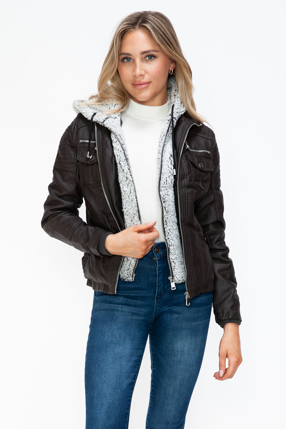 Outfit Flow - YMI Removable Faux Layered Multi-Pocket Jacket with Fuzzy Hood