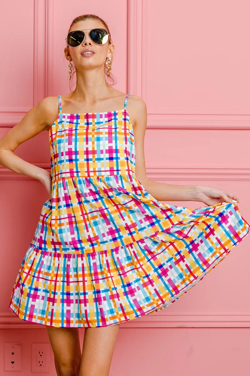 BiBi Multi Colors Plaid Sleeveless Sun Dress OutfitFlow