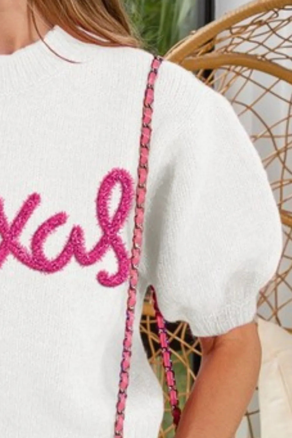 BiBi Metallic Letter Short Puff Sleeve Hairy Sweater OutfitFlow