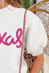 BiBi Metallic Letter Short Puff Sleeve Hairy Sweater OutfitFlow