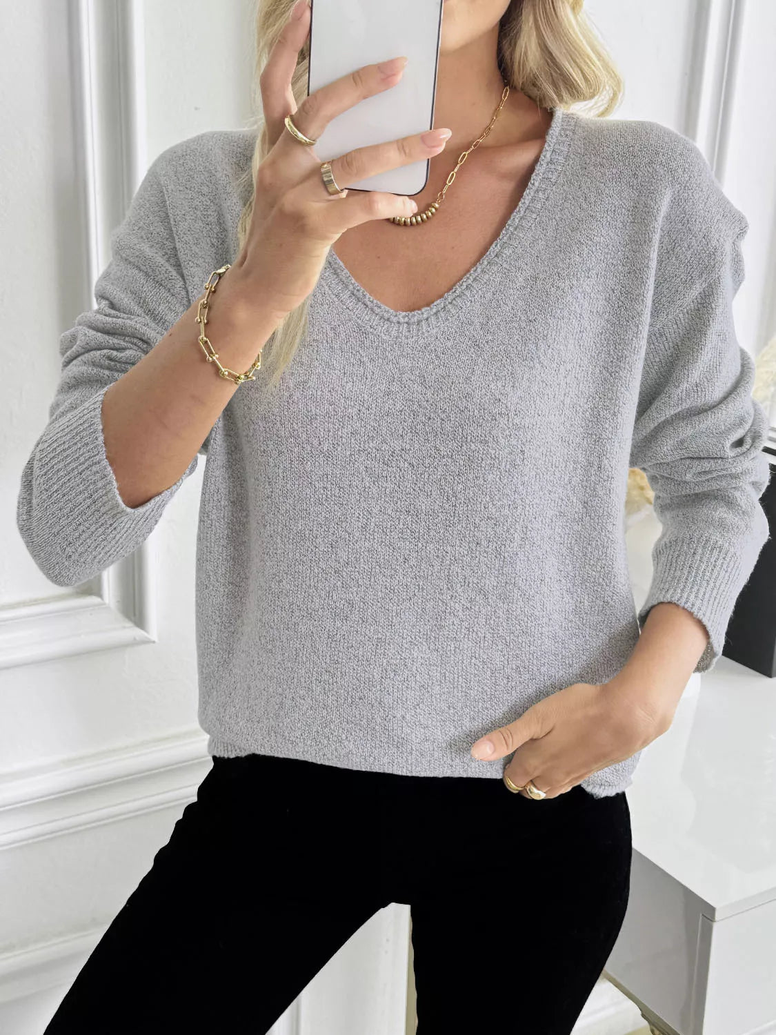 V-Neck Long Sleeve Knit Top Trendsi