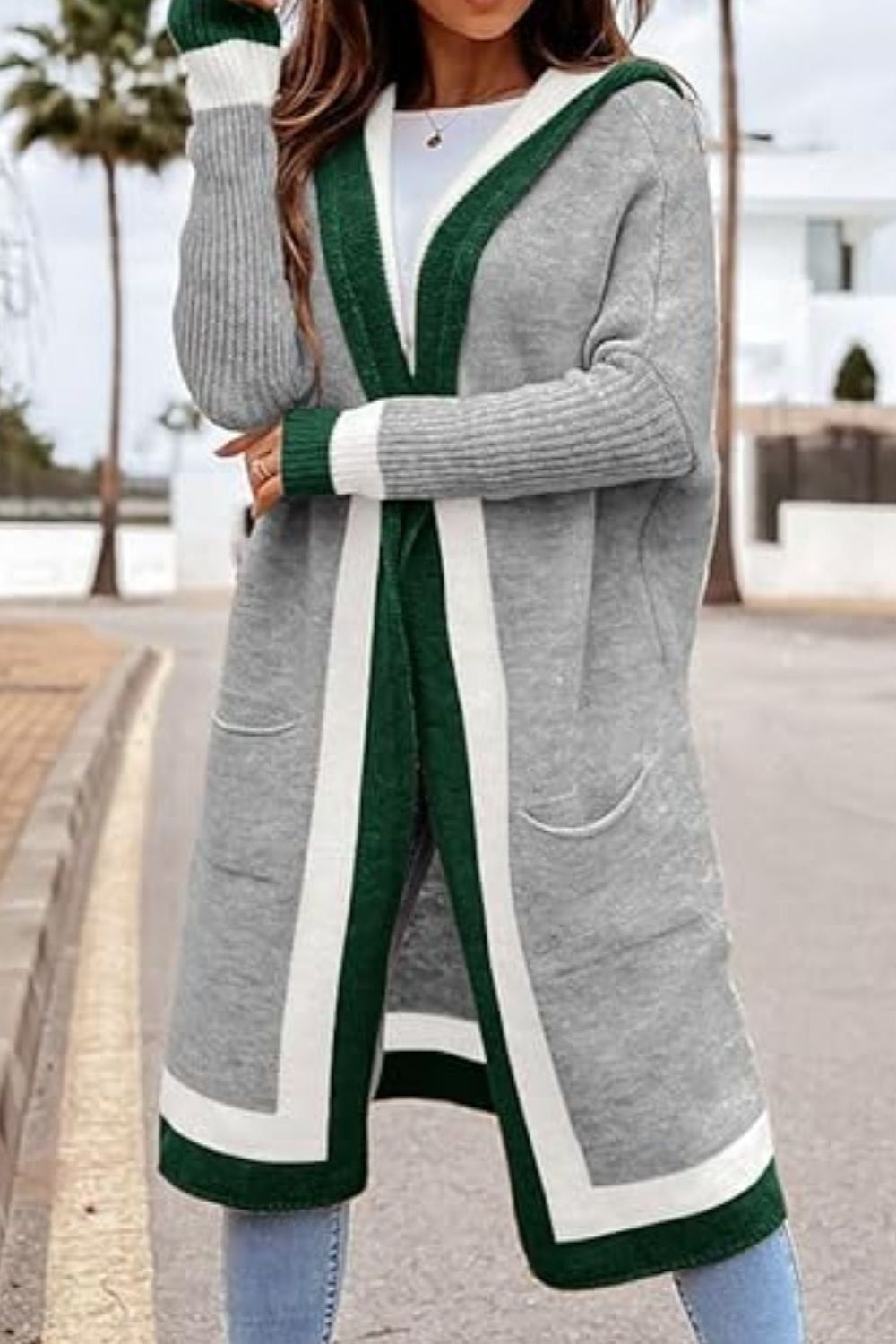 Outfit Flow - Pocketed Contrast Long Sleeve Hooded Cardigan