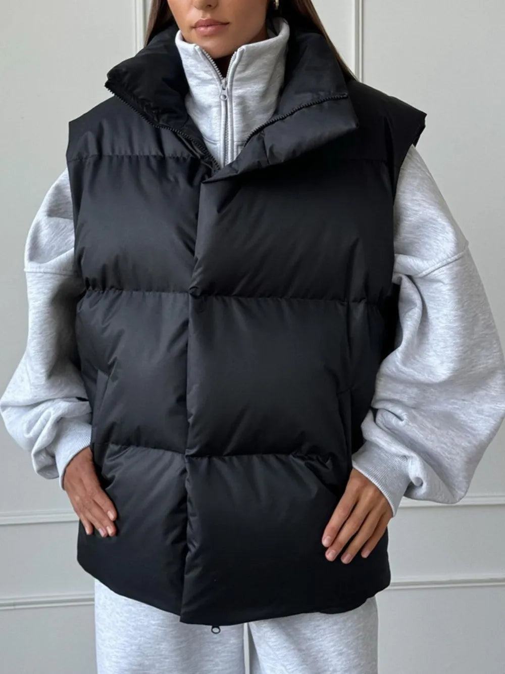 Zip Up Turtleneck Vest Coat Black Trendsi